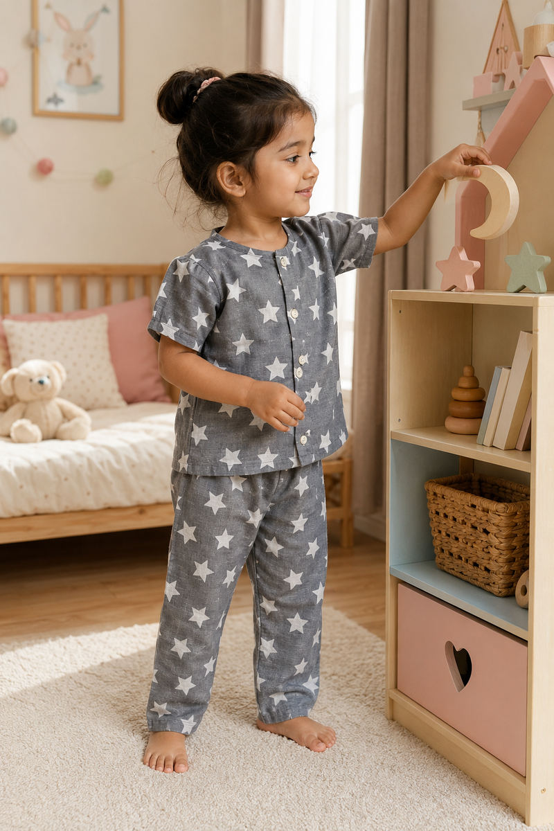 Star Grey |Half Sleeves| Checkered Muslin|  Soft Unisex Muslin Set for New Born to 6 Years