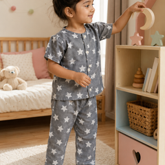 Star Grey |Half Sleeves| Checkered Muslin|  Soft Unisex Muslin Set for New Born to 6 Years