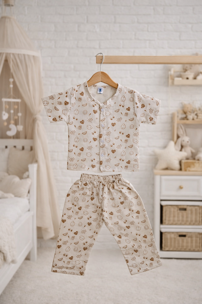 Natural Bear |Half Sleeves| Checkered Muslin| Soft Unisex Muslin Set for New Born to 6 Years