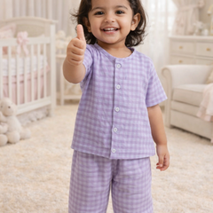 Lilac Checks|Half Sleeves| Checkered Muslin| Soft Unisex Muslin Set for New Born to 6 Years
