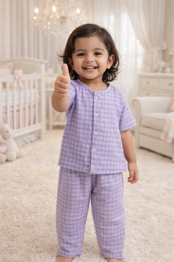 Lilac Checks - Kradyl Kroft Checkered Smooth Style Double Layered Soft Muslin Night Suit Set for New Born to 6 Years