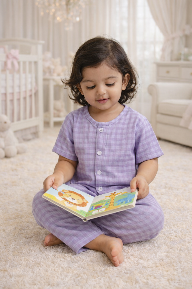 Lilac Checks|Half Sleeves| Checkered Muslin| Soft Unisex Muslin Set for New Born to 6 Years