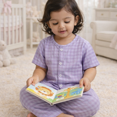 Lilac Checks|Half Sleeves| Checkered Muslin| Soft Unisex Muslin Set for New Born to 6 Years