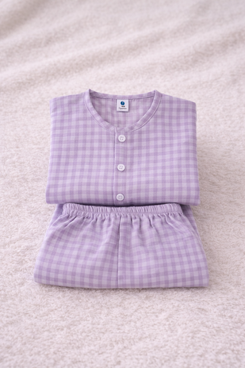 Lilac Checks|Half Sleeves| Checkered Muslin| Soft Unisex Muslin Set for New Born to 6 Years