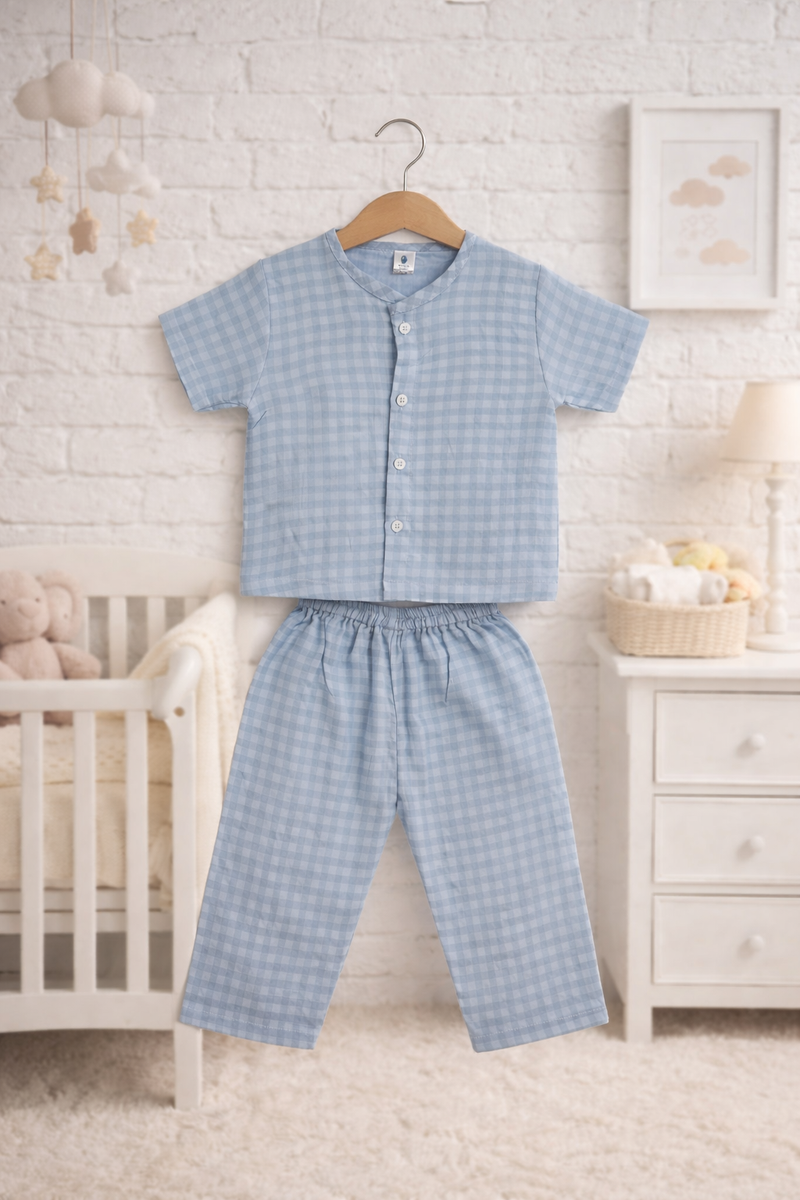 Blue Checks |Half Sleeves| Checkered Muslin| Soft Unisex Muslin Set for New Born to 6 Years