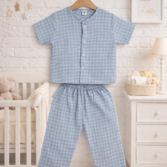 Blue Checks |Half Sleeves| Checkered Muslin| Soft Unisex Muslin Set for New Born to 6 Years