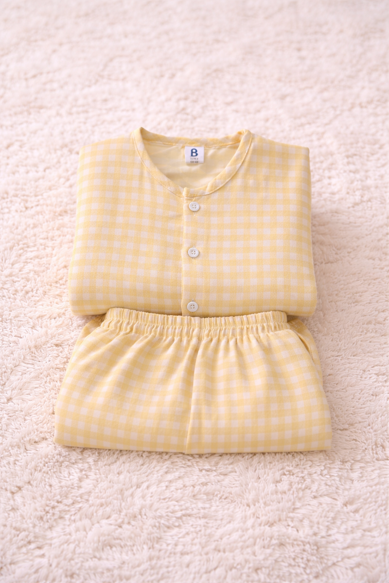 Yellow Checks |Half Sleeves| Checkered Muslin| Soft Unisex Muslin Set for New Born to 6 Years