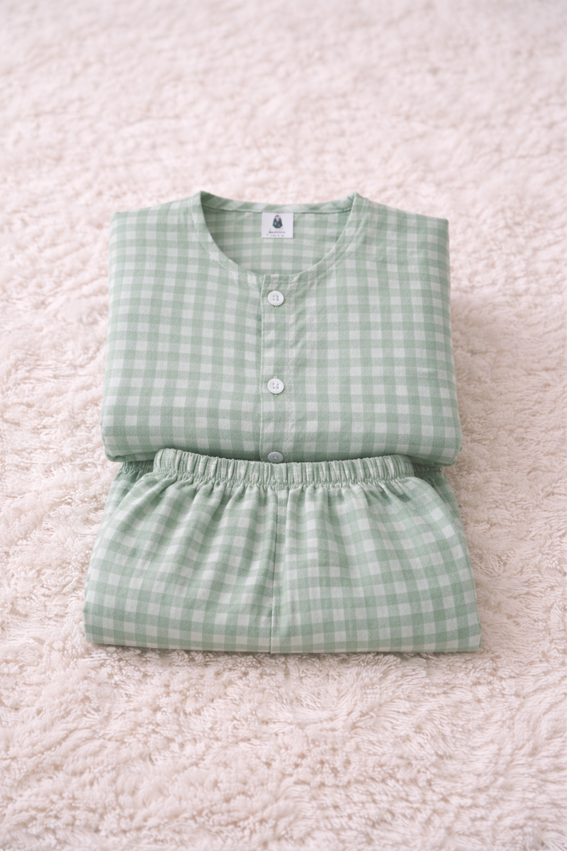 Green Checks |Half Sleeves| Checkered Muslin| Soft Unisex Muslin Set for New Born to 6 Years