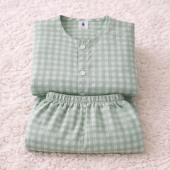 Green Checks |Half Sleeves| Checkered Muslin| Soft Unisex Muslin Set for New Born to 6 Years