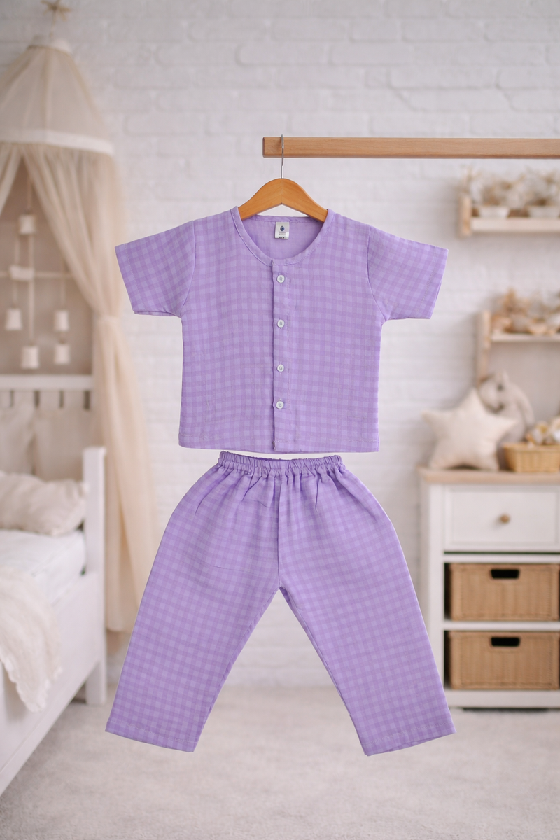 Lilac Checks|Half Sleeves| Checkered Muslin| Soft Unisex Muslin Set for New Born to 6 Years
