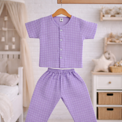 Lilac Checks|Half Sleeves| Checkered Muslin| Soft Unisex Muslin Set for New Born to 6 Years