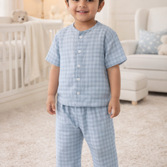 Blue Checks |Half Sleeves| Checkered Muslin| Soft Unisex Muslin Set for New Born to 6 Years