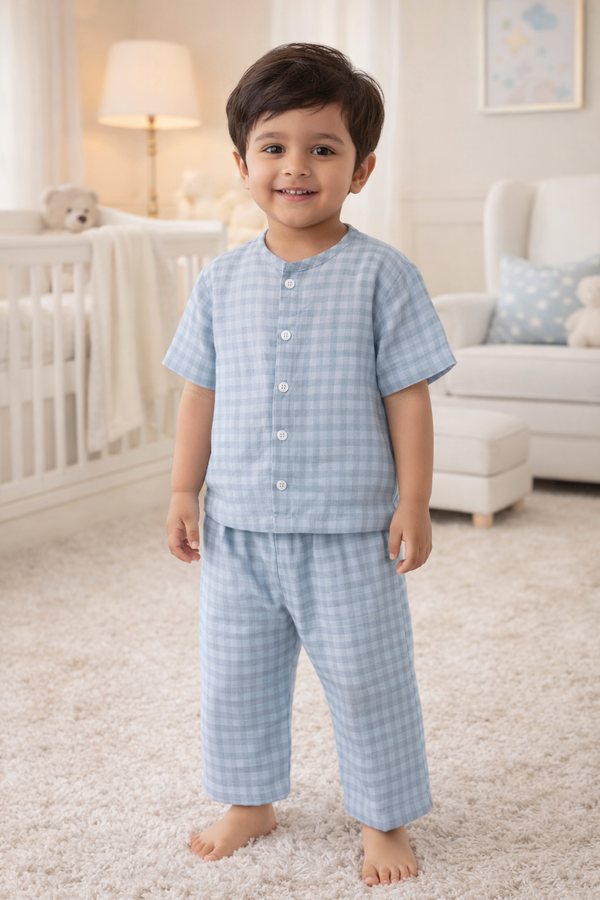 Blue Checks - Kradyl Kroft Checkered Smooth Style Double Layered Soft Muslin Night Suit Set for New Born to 6 Years