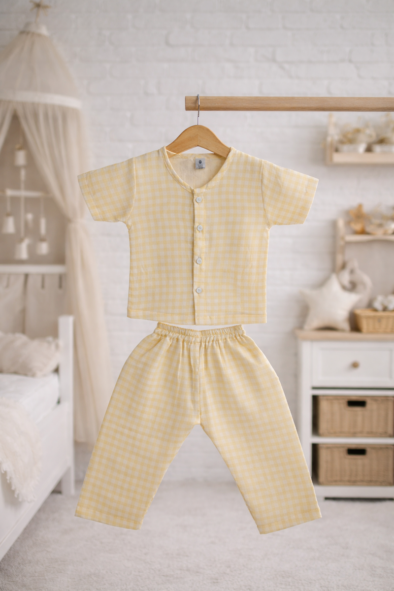 Yellow Checks |Half Sleeves| Checkered Muslin| Soft Unisex Muslin Set for New Born to 6 Years