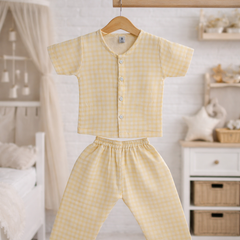 Yellow Checks |Half Sleeves| Checkered Muslin| Soft Unisex Muslin Set for New Born to 6 Years