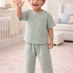 Green Checks |Half Sleeves| Checkered Muslin| Soft Unisex Muslin Set for New Born to 6 Years