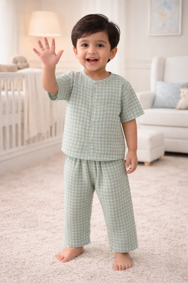 Green Checks - Kradyl Kroft Checkered Smooth Style Double Layered Soft Muslin Night Suit Set for New Born to 6 Years