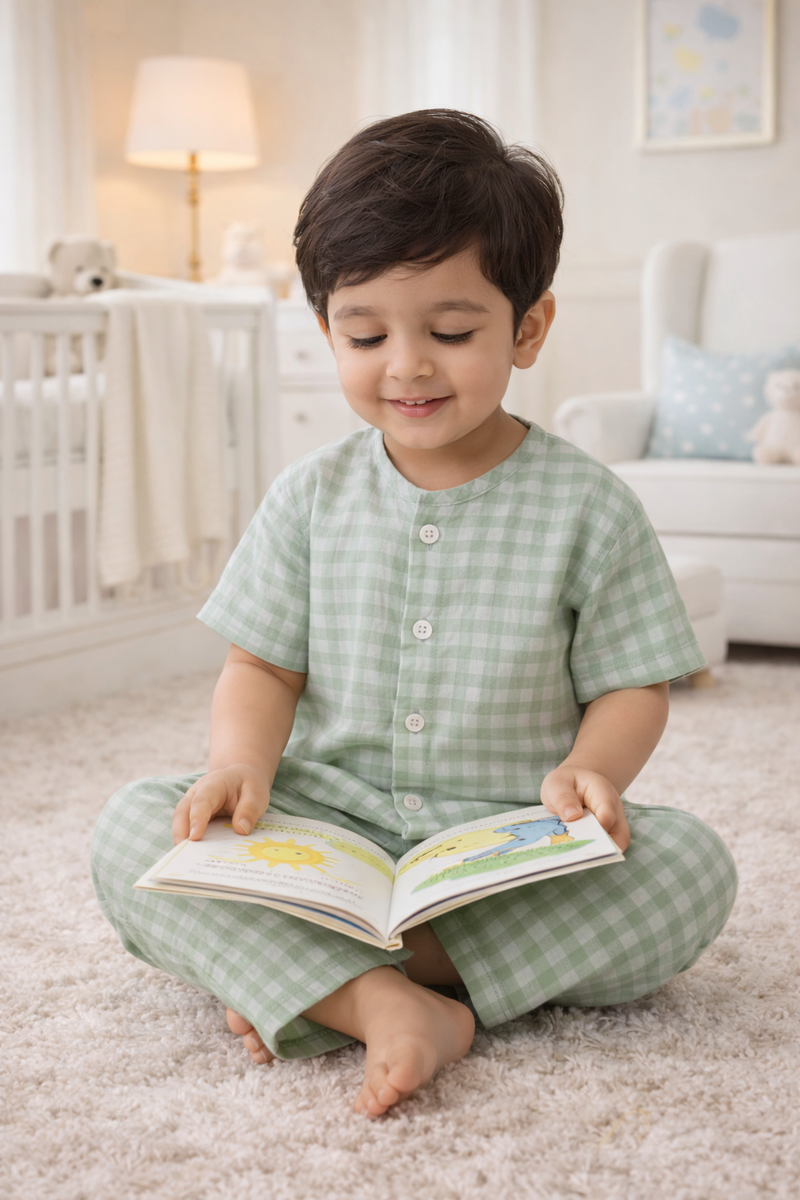 Green Checks |Half Sleeves| Checkered Muslin| Soft Unisex Muslin Set for New Born to 6 Years