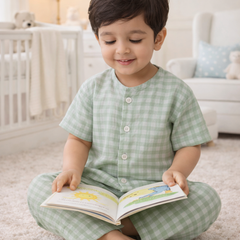 Green Checks |Half Sleeves| Checkered Muslin| Soft Unisex Muslin Set for New Born to 6 Years