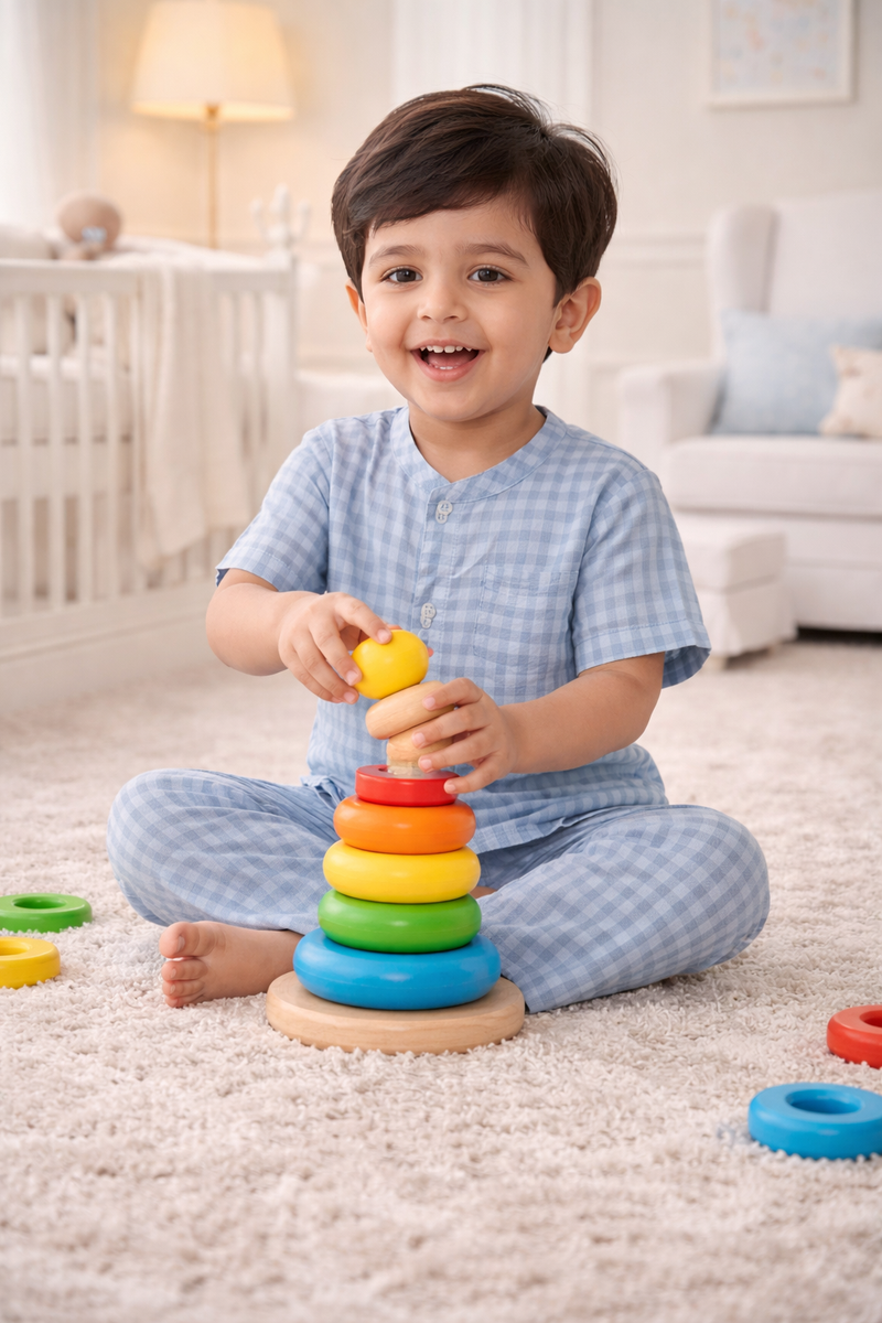 Blue Checks |Half Sleeves| Checkered Muslin| Soft Unisex Muslin Set for New Born to 6 Years