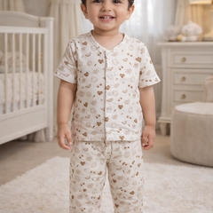 Natural Bear |Half Sleeves| Checkered Muslin| Soft Unisex Muslin Set for New Born to 6 Years