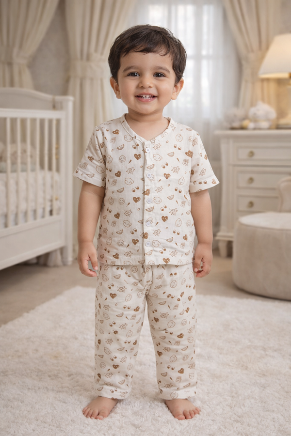 Natural Bear - Kradyl Kroft Checkered Smooth Style Double Layered Soft Muslin Night Suit Set for New Born to 6 Years