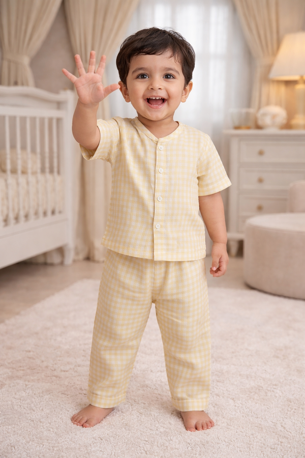 Yellow Checks - Kradyl Kroft Checkered Smooth Style Double Layered Soft Muslin Night Suit Set for New Born to 6 Years