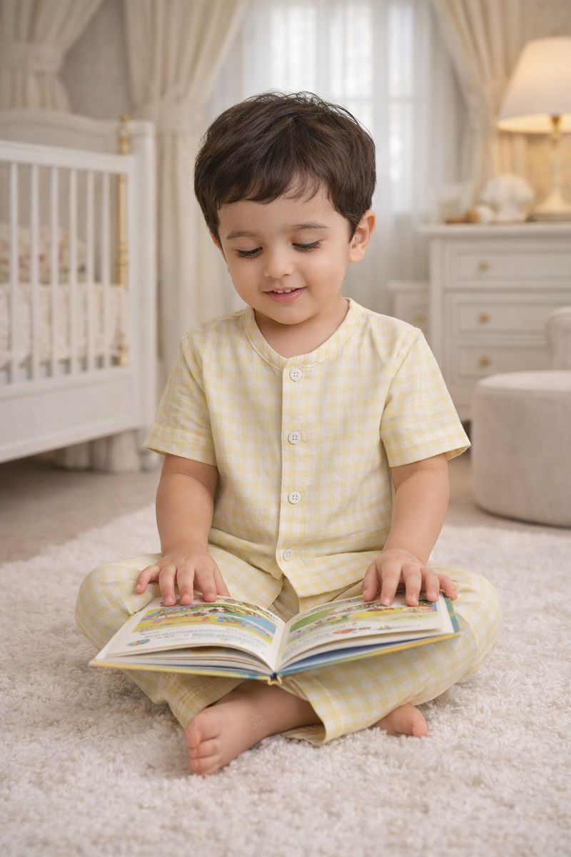 Yellow Checks |Half Sleeves| Checkered Muslin| Soft Unisex Muslin Set for New Born to 6 Years