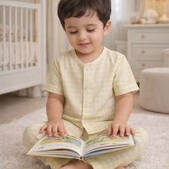 Yellow Checks |Half Sleeves| Checkered Muslin| Soft Unisex Muslin Set for New Born to 6 Years