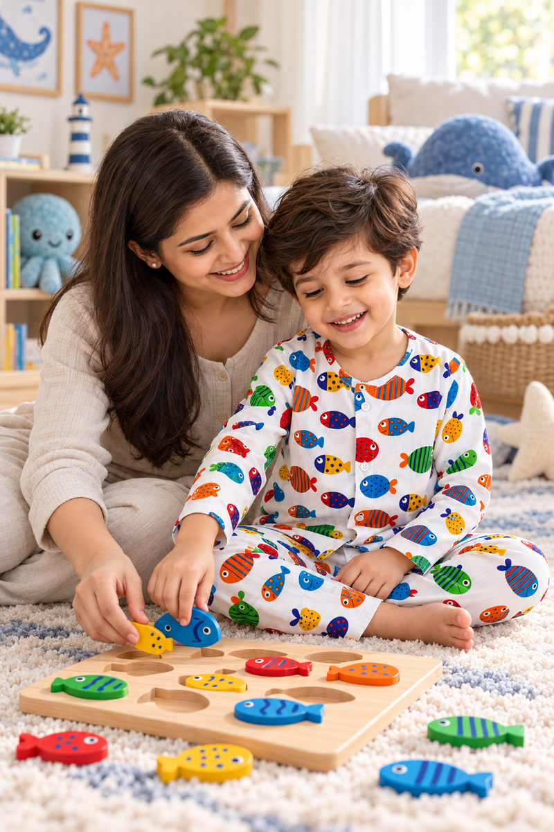 Fish in Color - 40s Count Premium 100% Cotton Poplin | Soft Unisex Set for Kids