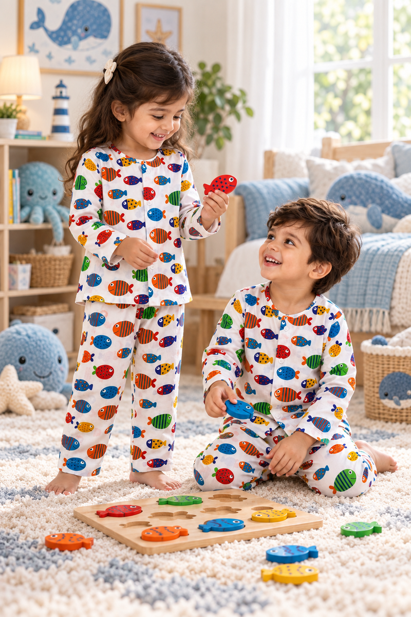 Fish in Color - 40s Count Premium 100% Cotton Poplin | Soft Unisex Set for Kids