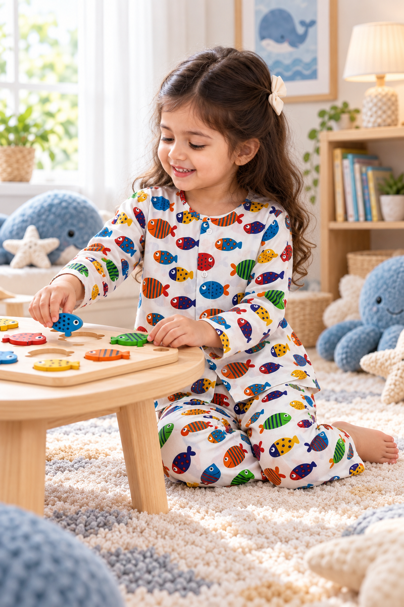 Fish in Color - 40s Count Premium 100% Cotton Poplin | Soft Unisex Set for Kids