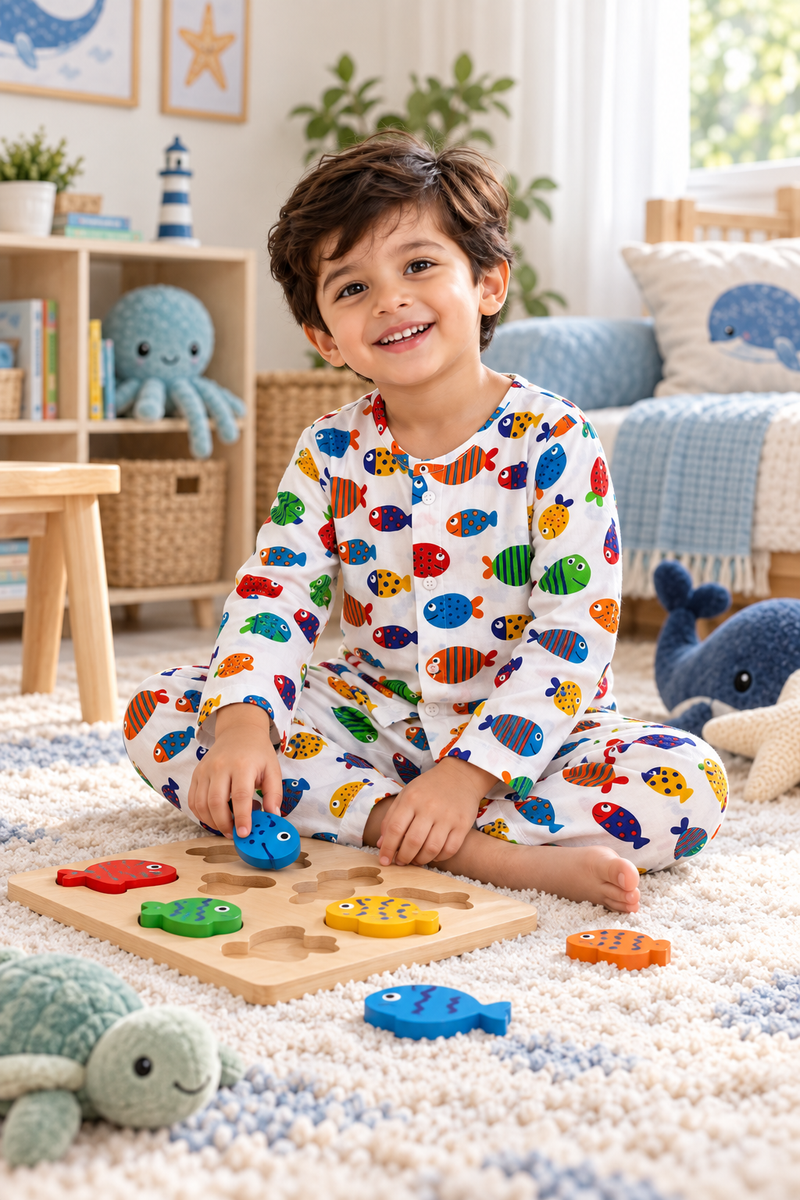 Fish in Color - 40s Count Premium 100% Cotton Poplin | Soft Unisex Set for Kids