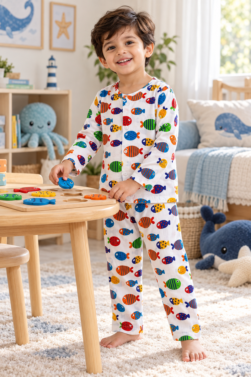 Fish in Color - 40s Count Premium 100% Cotton Poplin | Soft Unisex Set for Kids