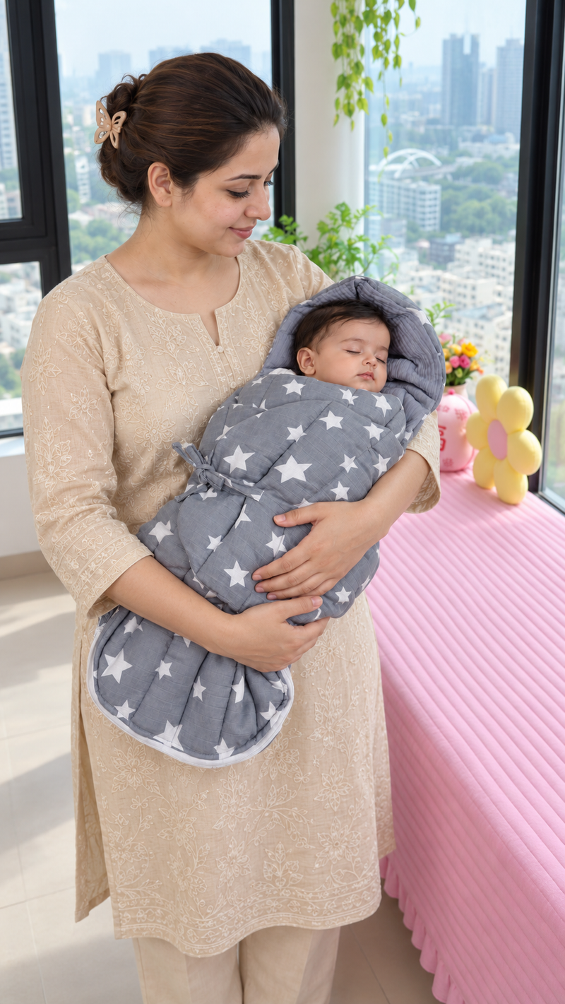 Quilted Butterfly Hooded Muslin Swaddle Blanket with Ties for 0-6 Months - Grey Star