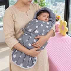 Quilted Butterfly Hooded Muslin Swaddle Blanket with Ties for 0-6 Months - Grey Star