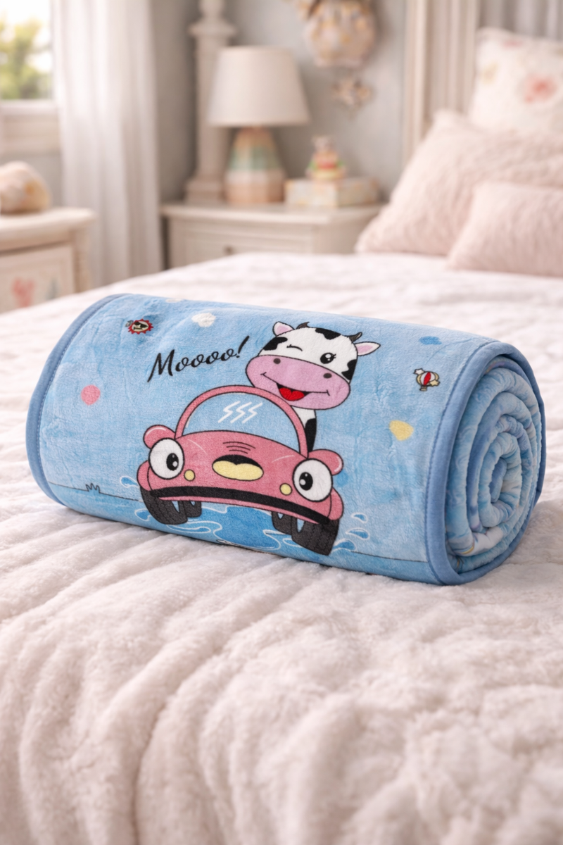 Lightweight Soft Plush Velvet Fleece 2 way Printed Blanket for 1 -7 Year Olds - Moo