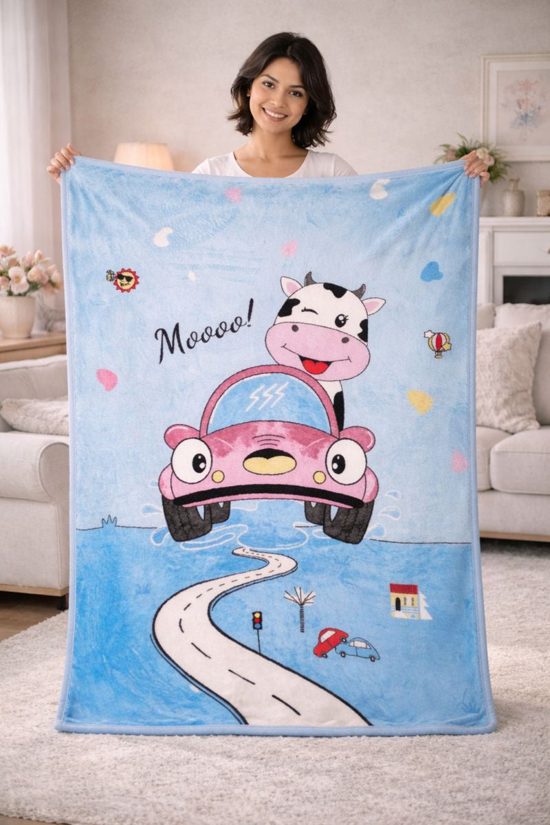 Lightweight Soft Plush Velvet Fleece 2 way Printed Blanket for 1 -7 Year Olds - Moo