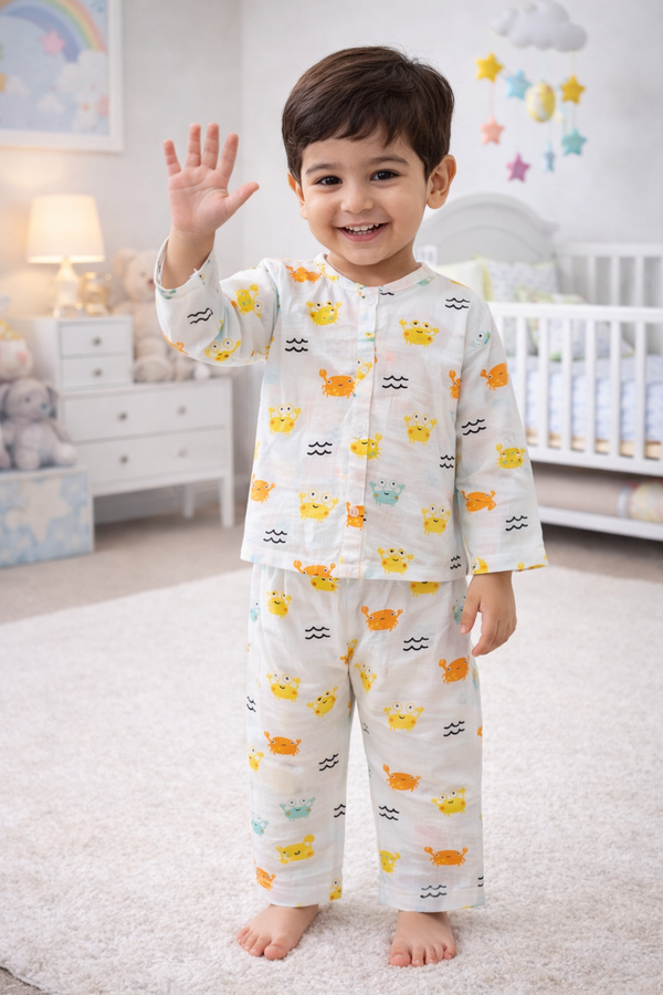 Cute Crab - Kradyl Kroft Checkered Smooth Style Double Layered Soft Muslin Night Suit Set for New Born to 6 Years