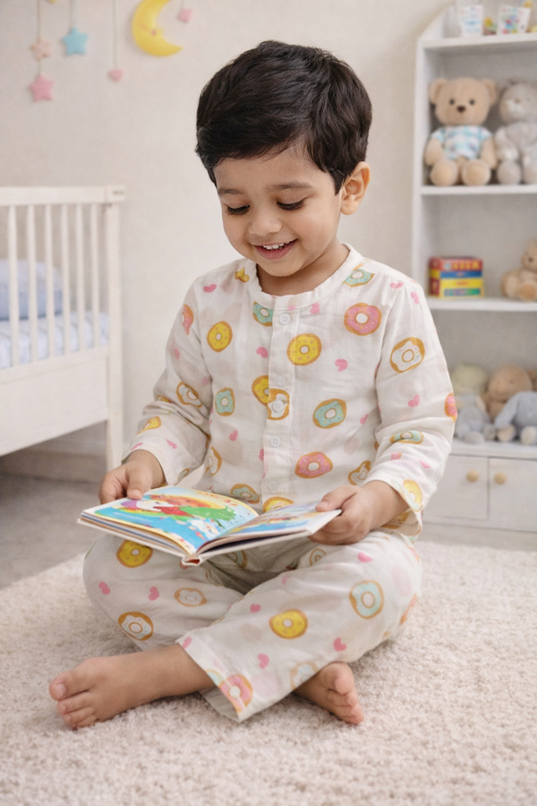 Donuts - Kradyl Kroft Checkered Smooth Style Double Layered Soft Muslin Night Suit Set for New Born to 6 Years