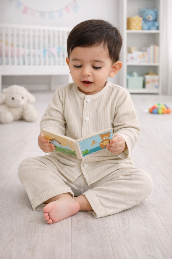 Soft Beige Stripes - Kradyl Kroft Checkered Smooth Style Double Layered Soft Muslin Night Suit Set for New Born to 6 Years (Copy)