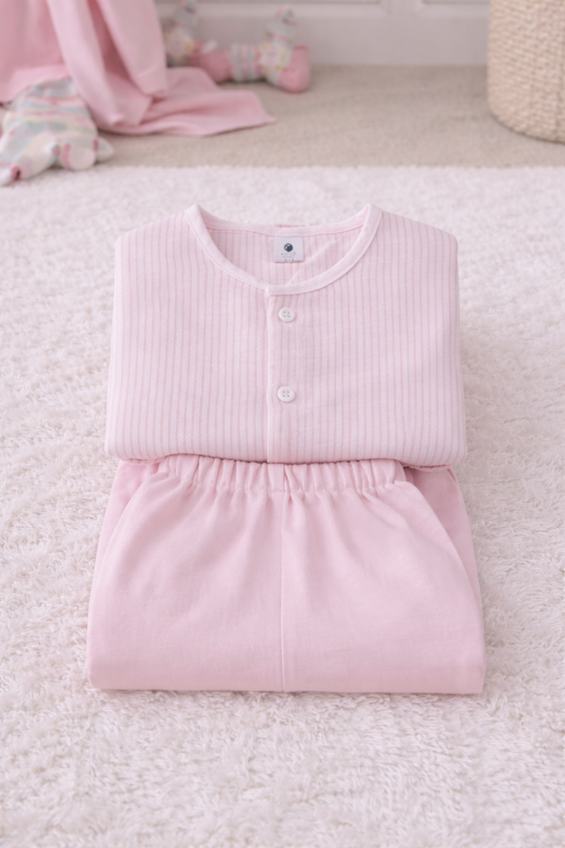 Soft Pink Stripes - Kradyl Kroft Checkered Smooth Style Double Layered Soft Muslin Night Suit Set for New Born to 6 Years