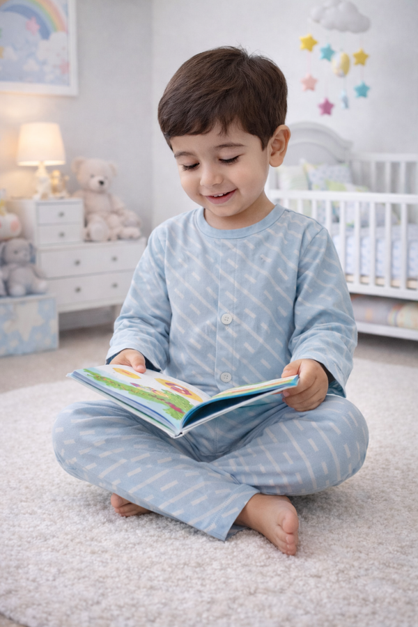 Sky Blue - Kradyl Kroft Checkered Smooth Style Double Layered Soft Muslin Night Suit Set for New Born to 6 Years