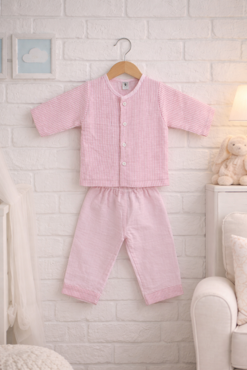 Soft Pink Stripes - Kradyl Kroft Checkered Smooth Style Double Layered Soft Muslin Night Suit Set for New Born to 6 Years