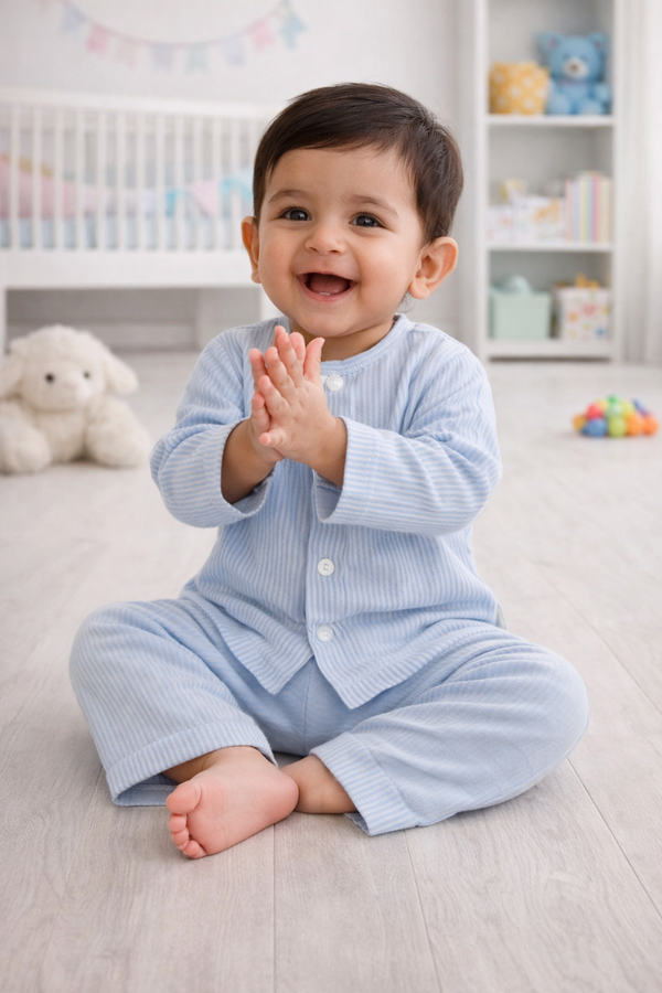 Soft Blue Stripes - Kradyl Kroft Checkered Smooth Style Double Layered Soft Muslin Night Suit Set for New Born to 6 Years