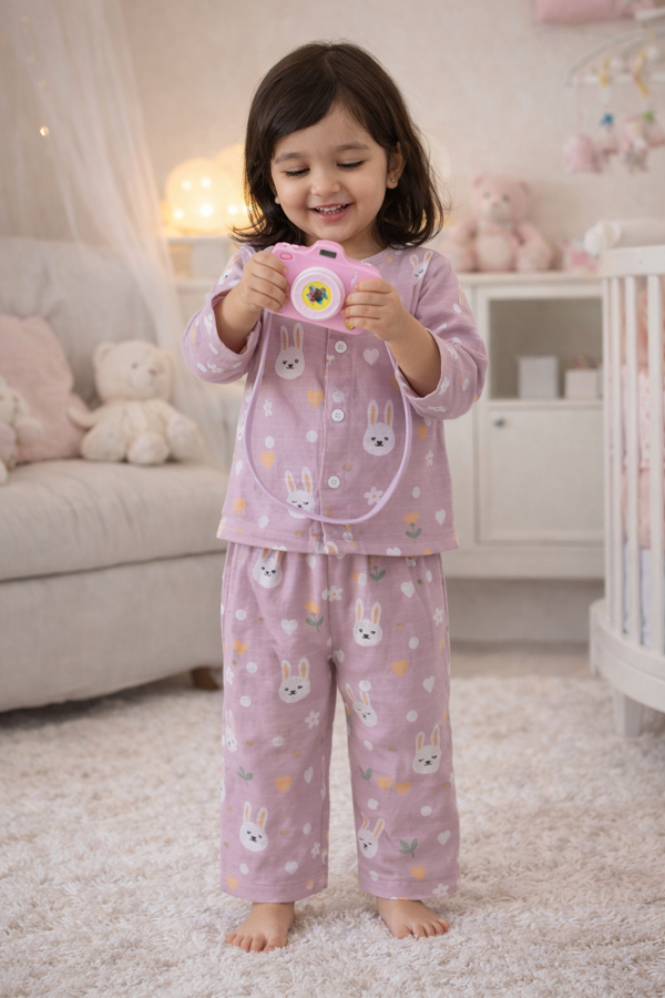Pink Bunny - Kradyl Kroft Checkered Smooth Style Double Layered Soft Muslin Night Suit Set for New Born to 6 Years