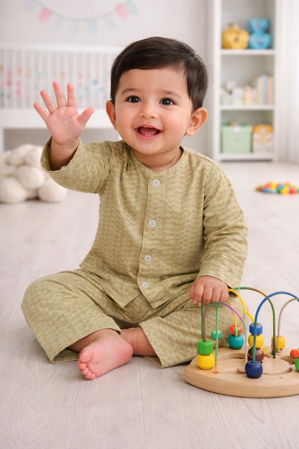 Earth Green - Kradyl Kroft Checkered Smooth Style Double Layered Soft Muslin Night Suit Set for New Born to 6 Years