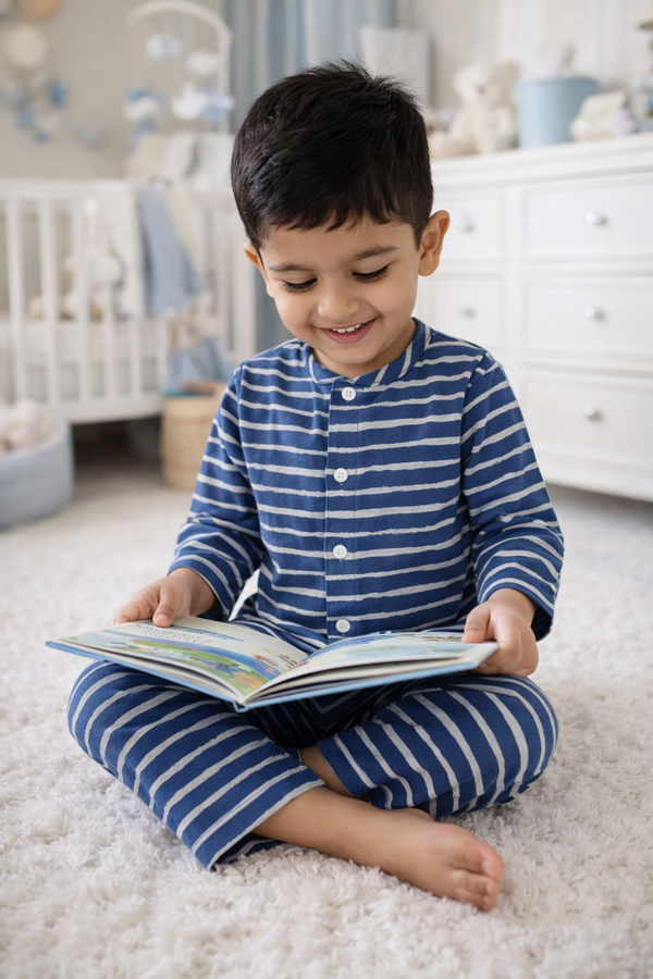 Navy Stripes - Kradyl Kroft Checkered Smooth Style Double Layered Soft Muslin Night Suit Set for New Born to 6 Years