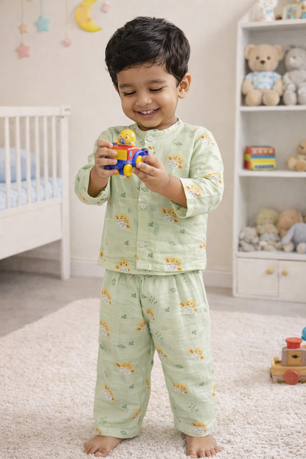 Green Sheep - Kradyl Kroft Checkered Smooth Style Double Layered Soft Muslin Night Suit Set for New Born to 6 Years