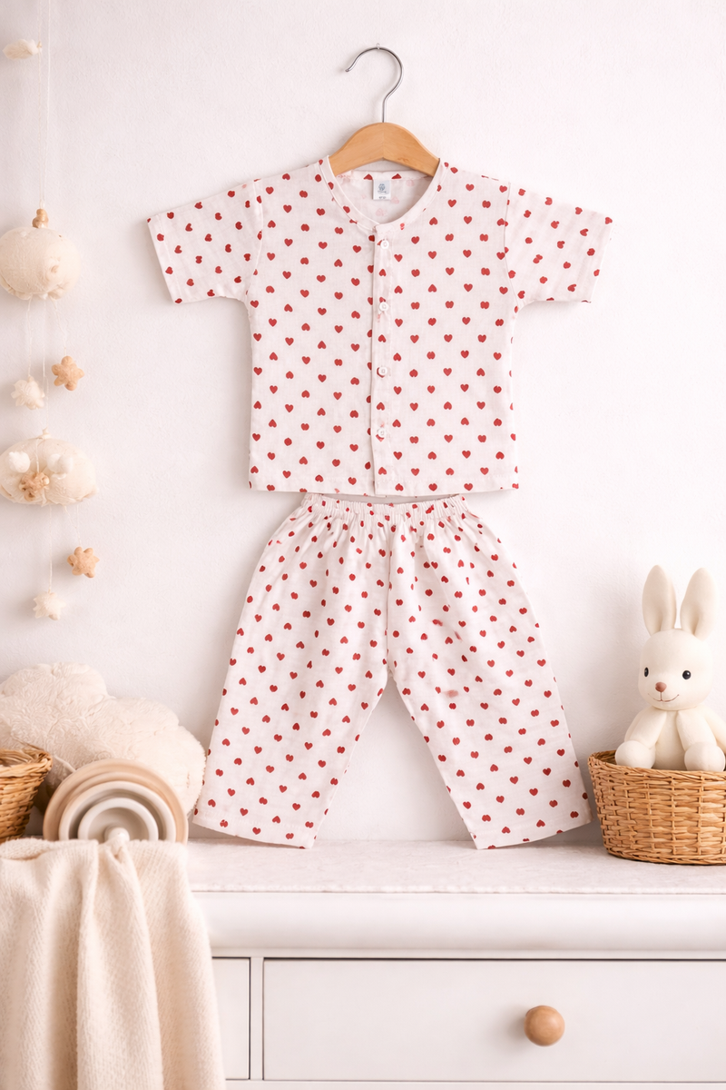 Red Hearts |Half Sleeves| Checkered Muslin| Soft Unisex Muslin Set for New Born to 6 Years
